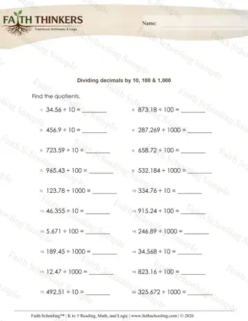 5th Grade math worksheet — Dividing Decimals 1d by 10 100 1000 4