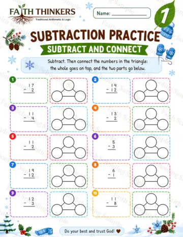 1st Grade math worksheet — Winter Subtract And Connect Practice 6