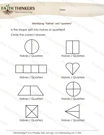 1st Grade math worksheet — Fractions Halves Quarters