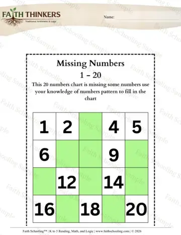 3rd Grade math worksheet — Number Patterns. Missing Numbers 01 Page 002