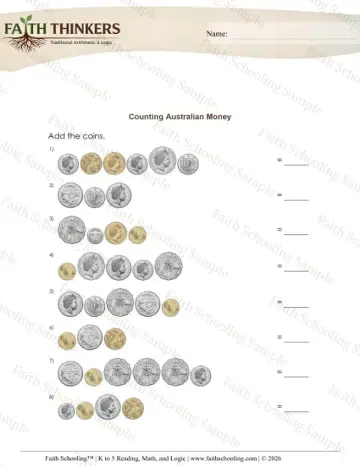 3rd Grade math worksheet — World Currencies. Australian Money 6