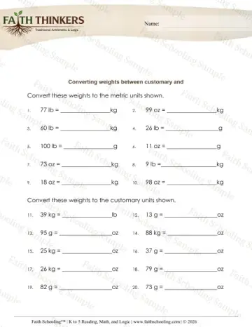 5th Grade math worksheet — Mass and Weight. Converting Weights Customary Metric 7