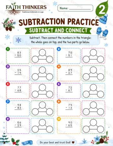 2nd Grade math worksheet — Winter Subtract And Connect Practice 8