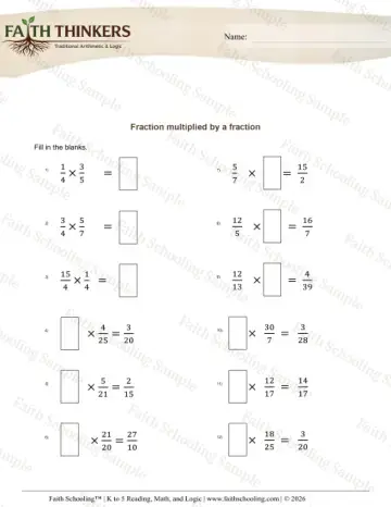 5th Grade math worksheet — Fractions Multiply Missing Number 7
