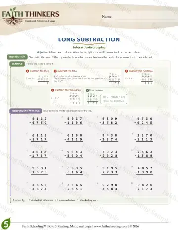 5th Grade math worksheet — Subtraction with Regrouping. Long Subtraction (Practice 4)