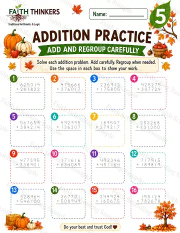 5th Grade math worksheet — Fall Addition Practice 6