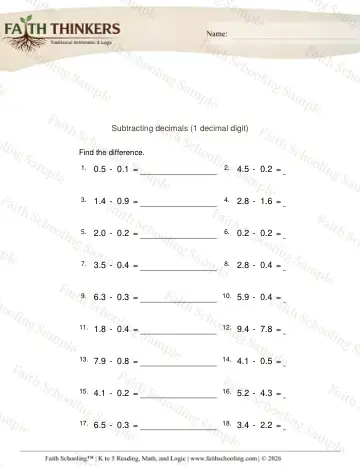4th Grade math worksheet — Subtracting Decimals 1 Digit 6