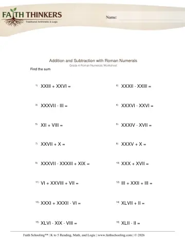 Grade 4 Math: Roman Numerals — worksheet preview