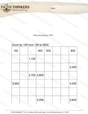 3rd Grade math worksheet — Skip Counting. Counting by 100s from Random 2 (Practice 2)