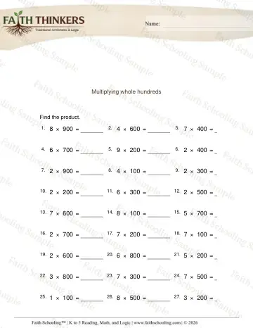 4th Grade math worksheet — Multiply Whole Hundreds 4