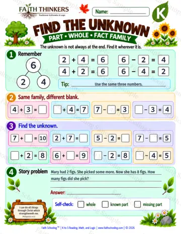 Kindergarten math worksheet — Missing Parts and Comparison Practice 7