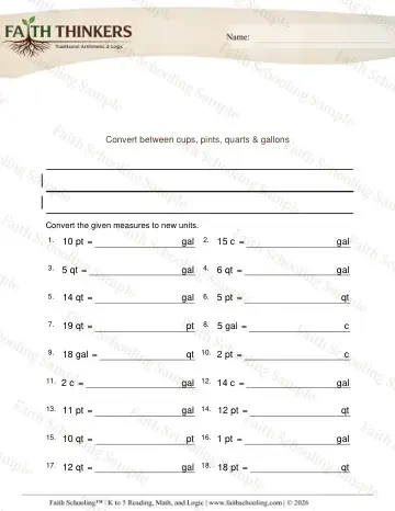 3rd Grade math worksheet — Converting Units. Converting Cups Pints Quarts Gallons Hard 5