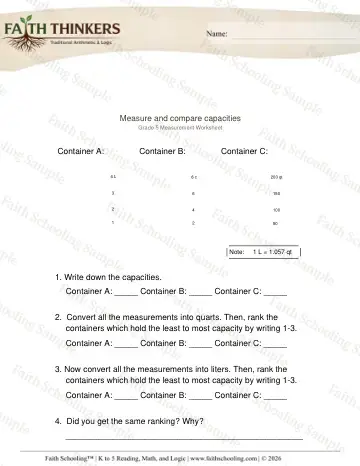 5th Grade math worksheet — Comparing and Estimating. Measure Compare Capacities 3