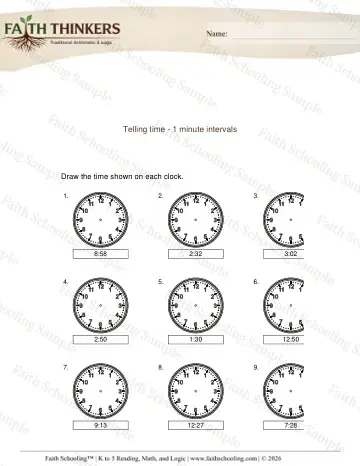 3rd Grade math worksheet — Telling Time 1 Minute 1