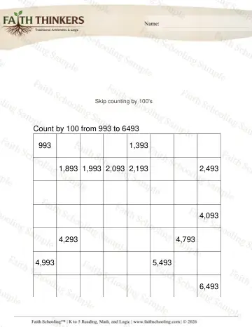 3rd Grade math worksheet — Skip Counting. Counting by 100s from Random 1 (Practice 2)