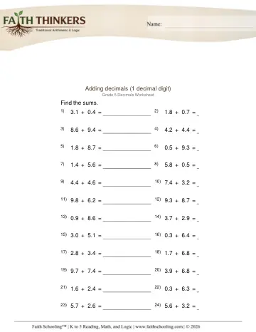 Grade 5 Math: Decimals — worksheet preview