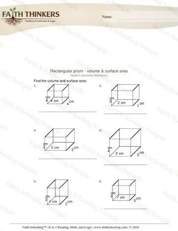 5th Grade math worksheet — Geometry Rectangular Prism Volume Surface Area 5