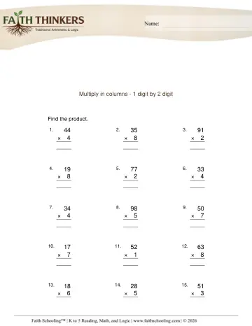 Multiply Columns 1 Digit 2 Digit 1