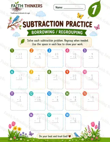 1st Grade math worksheet — Spring Subtraction Practice 7