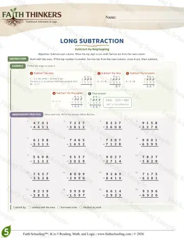 5th Grade math worksheet — Subtraction with Regrouping. Long Subtraction (Practice 9)
