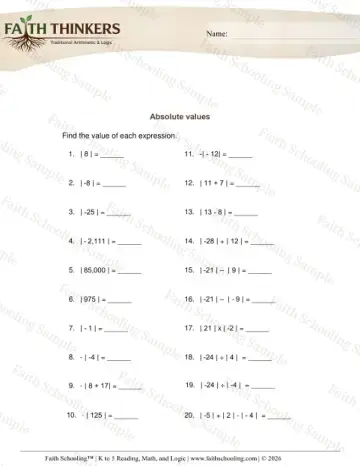 5th Grade math worksheet — Integers Absolute Value 6