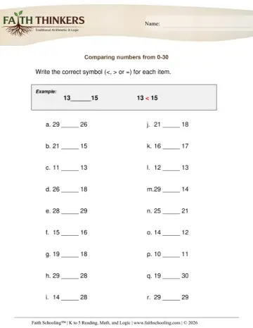 Grade 1 Math: Comparing Numbers — worksheet preview