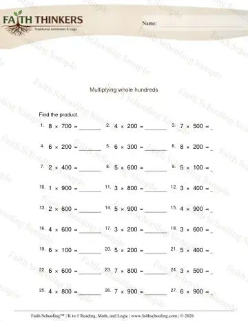 4th Grade math worksheet — Multiply Whole Hundreds 3