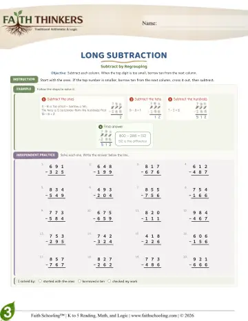 Grade 3 Math: Long Subtraction — worksheet preview