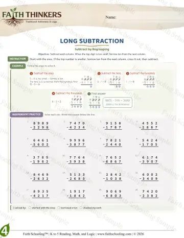 4th Grade math worksheet — Subtraction with Regrouping. Long Subtraction (Practice 6)