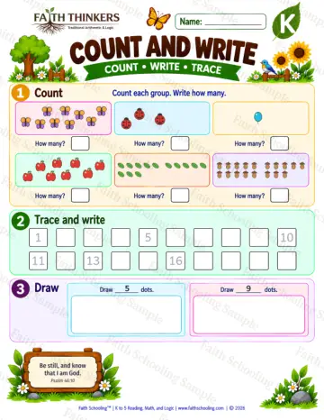 Kindergarten math worksheet — Counting Scattered Sets Practice 5