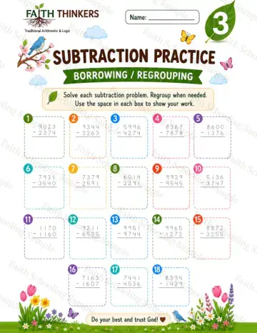 3rd Grade math worksheet — Spring Subtraction Practice 6