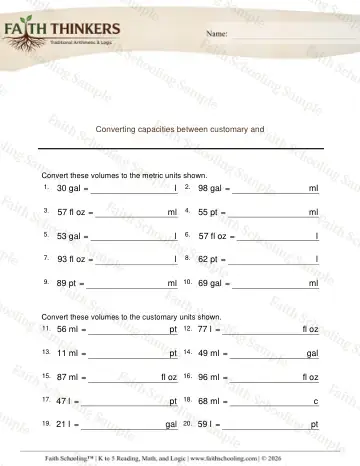 5th Grade math worksheet — Capacity and Volume. Converting Capacities Customary Metric 3