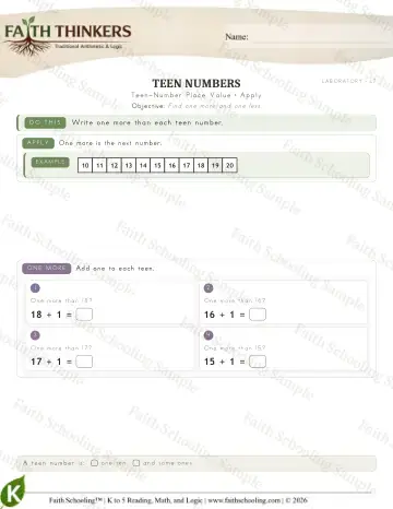 Kindergarten math worksheet — Teen Number Place Value (Practice 7)