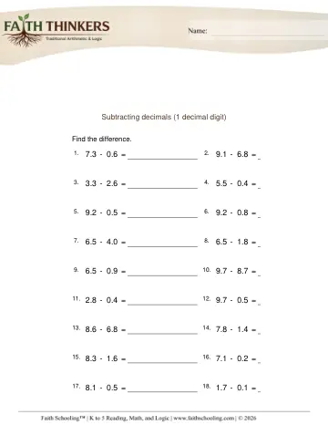 Grade 4 Math: Subtracting Decimals — worksheet preview