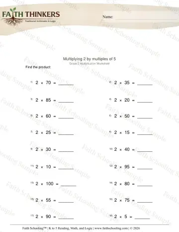 2nd Grade math worksheet — Multiplication Facts and Drills. Multiply 2 Times Multiples Five 3