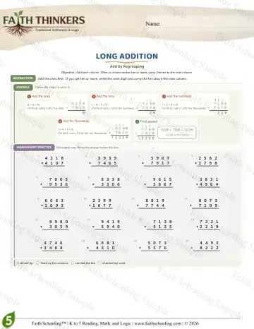 5th Grade math worksheet — Addition with Regrouping. Long Addition (Practice 6)