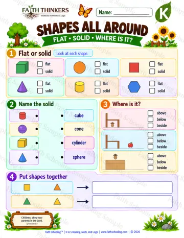 Kindergarten math worksheet — Shapes All Around Practice 5