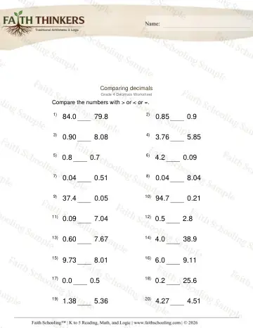 4th Grade math worksheet — Comparing and Ordering Decimals. Compare Decimals 3