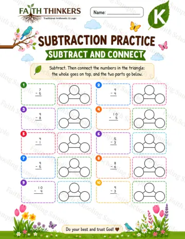 Kindergarten math worksheet — Spring Subtract And Connect Practice 9