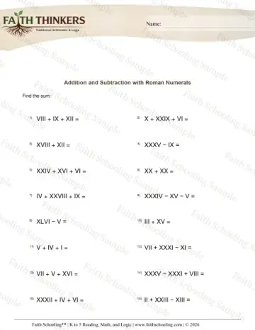 3rd Grade math worksheet — Roman Numerals Add Subtract 6