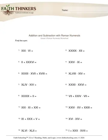 Grade 3 Math: Roman Numerals — worksheet preview
