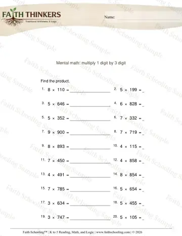 4th Grade math worksheet — Multi-Digit Multiplication. Multiply 1 Digit by 3 Digit 6