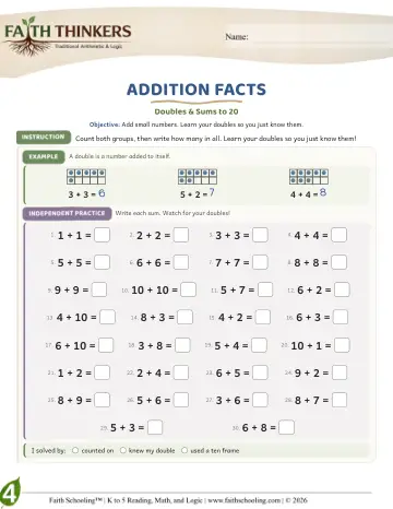 Grade 4 Math: Addition Facts — worksheet preview
