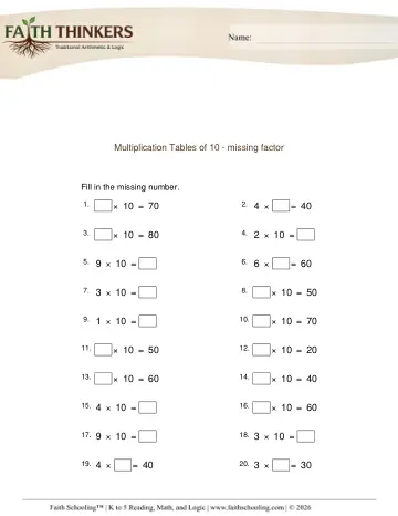 Multiplication Table 10 Missing Factor 1
