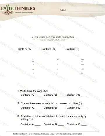 5th Grade math worksheet — Comparing and Estimating. Measure Compare Capacities 2