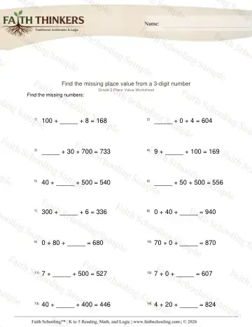 2nd Grade math worksheet — Find Missing Place Value from 3 Digit Number 4