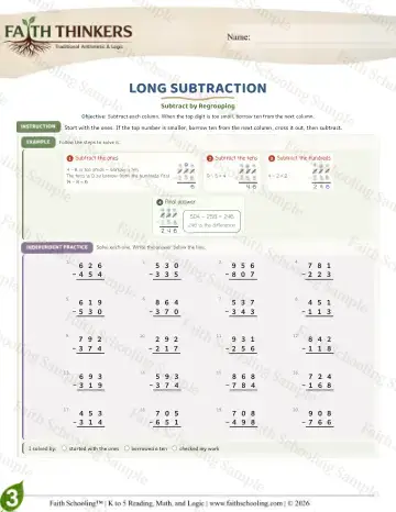 3rd Grade math worksheet — Subtraction with Regrouping. Long Subtraction (Practice 7)