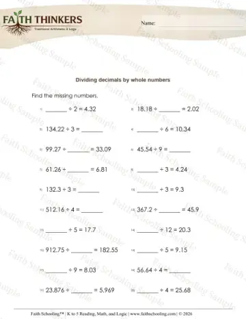 5th Grade math worksheet — Dividing Decimals 2d by Whole Number Missing 4