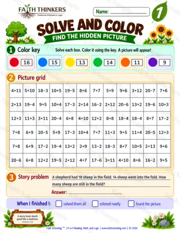 1st Grade math worksheet — Solve And Color Practice 4