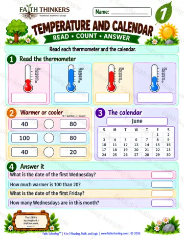 1st Grade math worksheet — Calendar and Temperature Practice 9